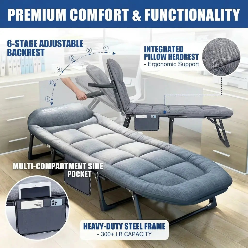 Lyar 6-Position Adjustable Folding Bed with a Sturdy Steel Frame and a Soft Padded Mattress.