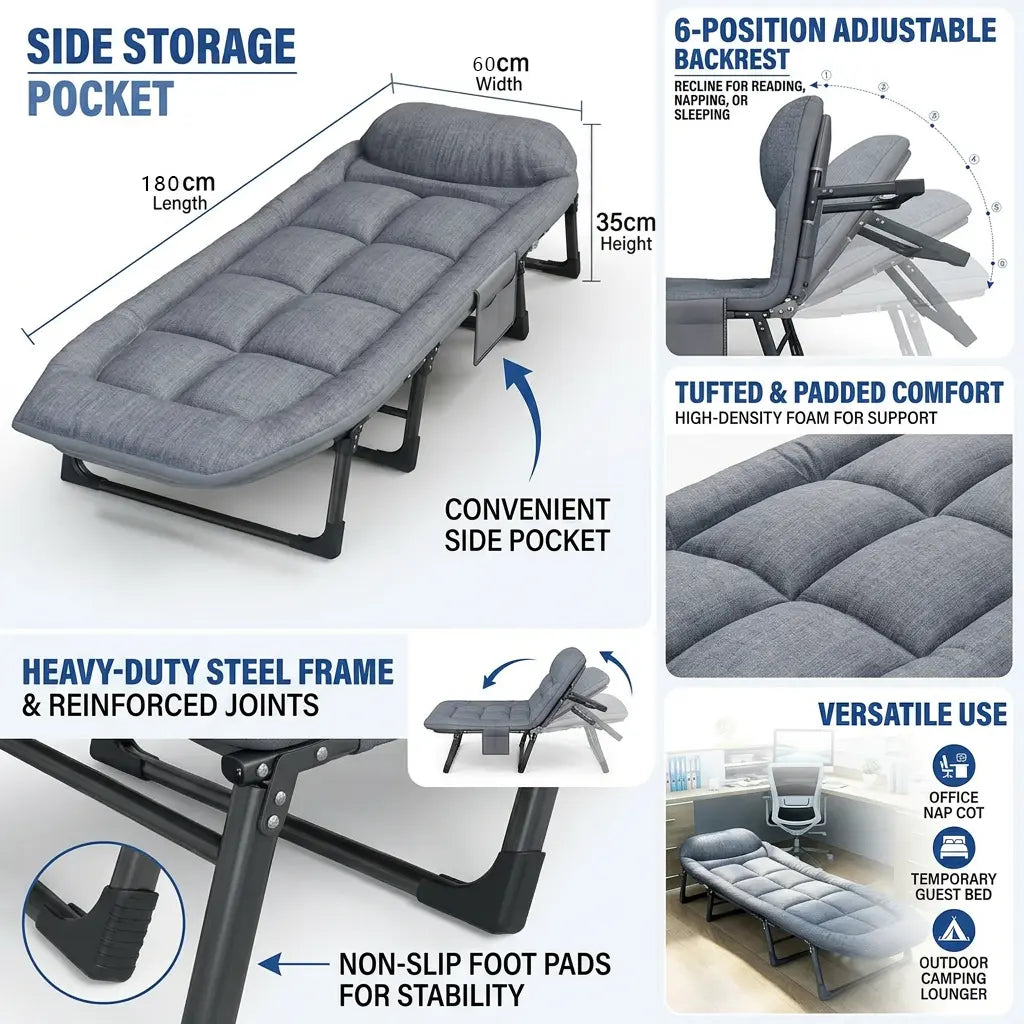 Lyar 6-Position Adjustable Folding Bed with a Sturdy Steel Frame and a Soft Padded Mattress.