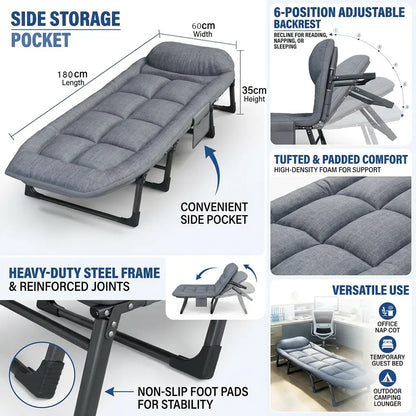 Lyar 6-Position Adjustable Folding Bed with a Sturdy Steel Frame and a Soft Padded Mattress.