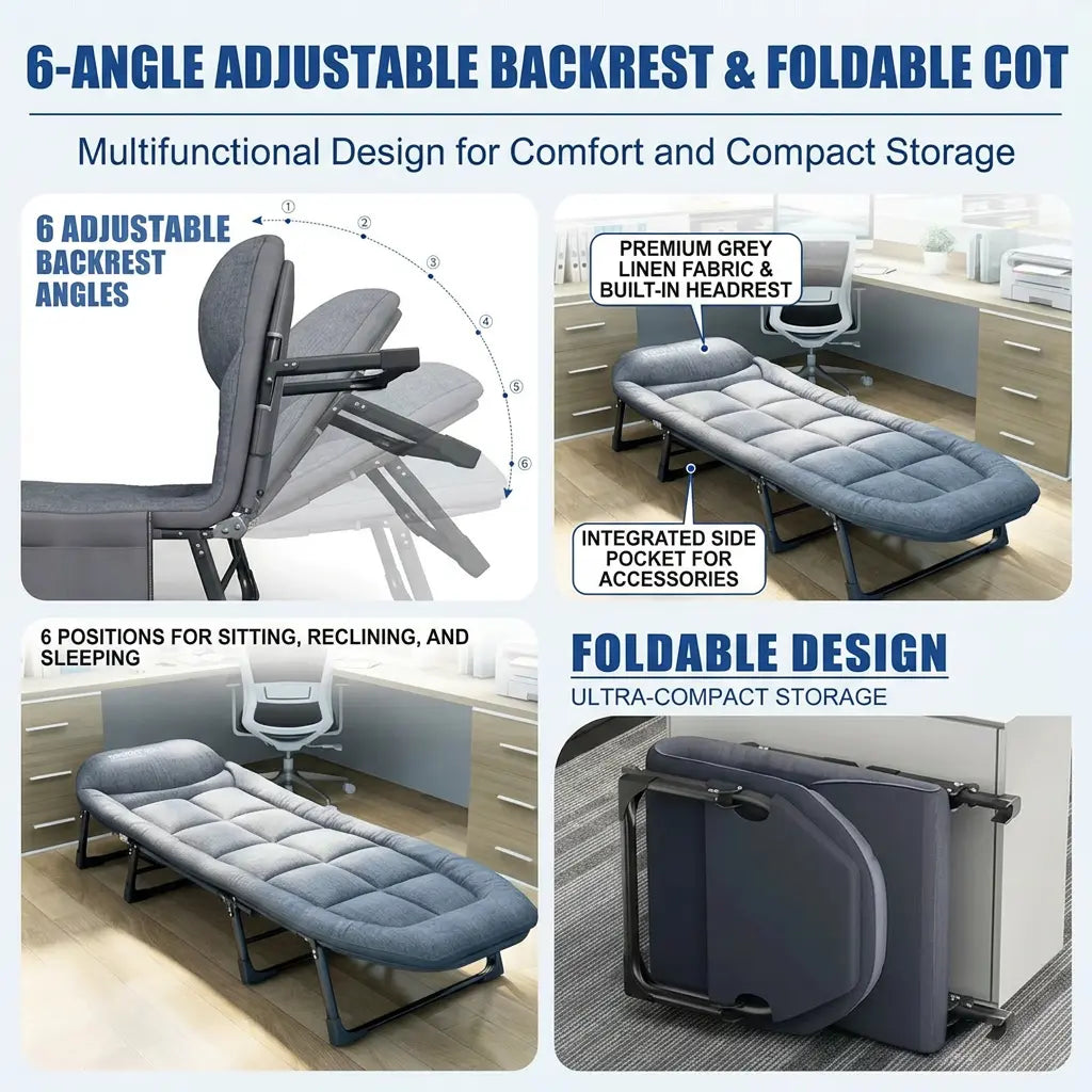 Lyar 6-Position Adjustable Folding Bed with a Sturdy Steel Frame and a Soft Padded Mattress.