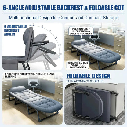 Lyar 6-Position Adjustable Folding Bed with a Sturdy Steel Frame and a Soft Padded Mattress.