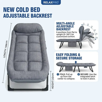 Lyar 6-Position Adjustable Folding Bed with a Sturdy Steel Frame and a Soft Padded Mattress.