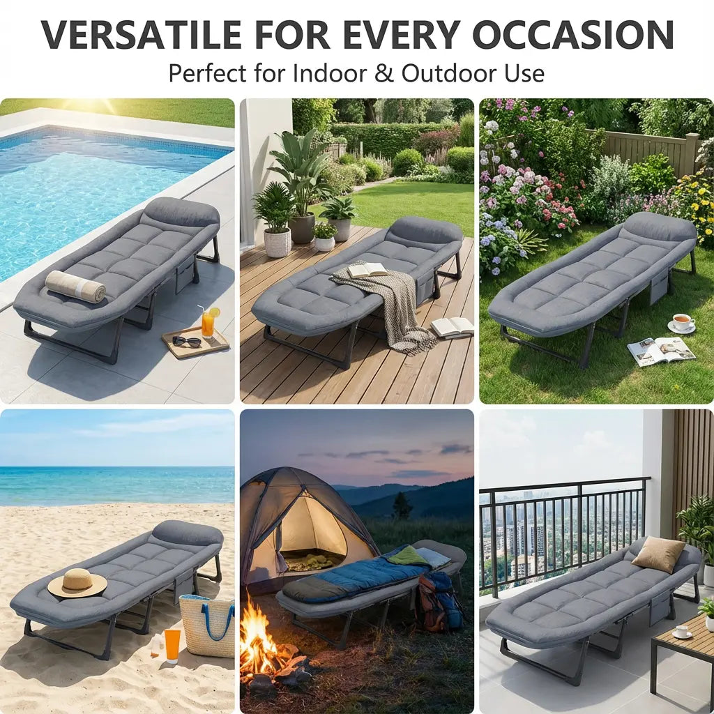 Lyar 6-Position Adjustable Folding Bed with a Sturdy Steel Frame and a Soft Padded Mattress.