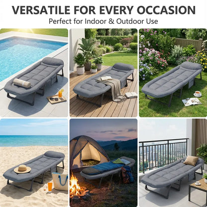 Lyar 6-Position Adjustable Folding Bed with a Sturdy Steel Frame and a Soft Padded Mattress.