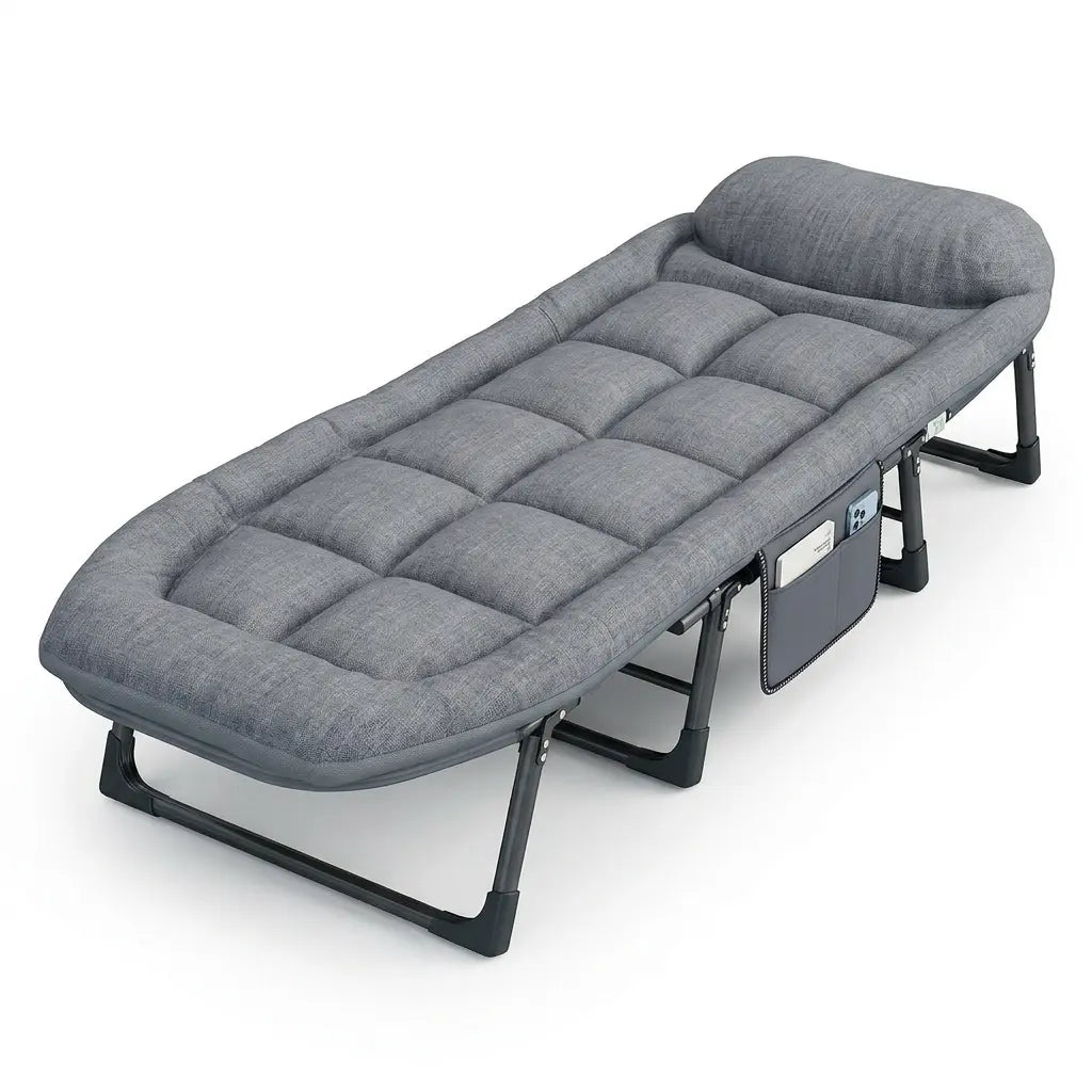 Lyar 6-Position Adjustable Folding Bed with a Sturdy Steel Frame and a Soft Padded Mattress.