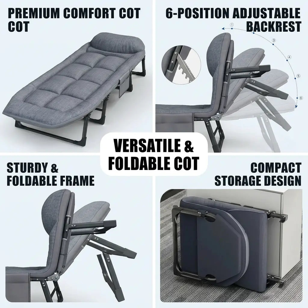 Lyar 6-Position Adjustable Folding Bed with a Sturdy Steel Frame and a Soft Padded Mattress.