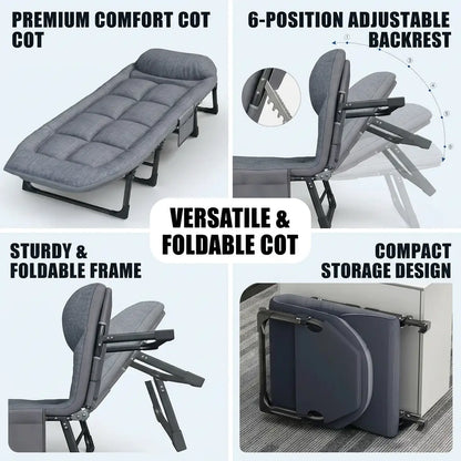 Lyar 6-Position Adjustable Folding Bed with a Sturdy Steel Frame and a Soft Padded Mattress.